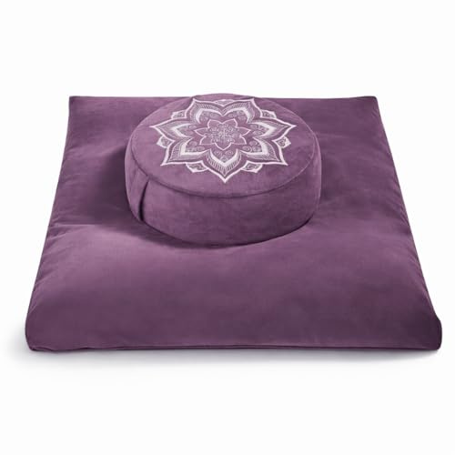 Meditationskissen-Set mit waschbarem Samtbezug, Buchweizenschale und Memory-Schaum-Bodensitz für Erwachsene und Kinder, ideal für Yoga, Sitzen, Lesen und Bodensitz, luxuriös und stützend (Lila)