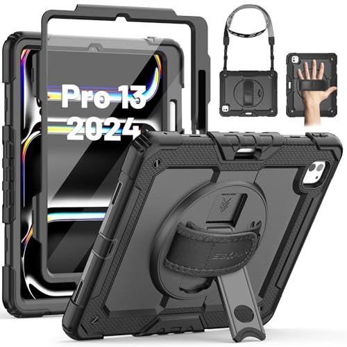 SEYMAC Coque pour iPad Pro 13 Pouces 2024 (M4), Antichoc avec Protecteur d'Écran, Support Rotatif 360°, Dragonne, Bandoulière Ajustable, Porte-Stylo, Noir