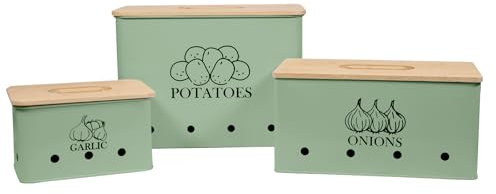 Xbopetda Potato Onion Storage Box, Food Container Sets, Storage Canisters for Vegeatables, Set of 3 Jars Pots Containers, Potato Onion Garlic Bin with Aerating Tin Storage Holes & Wooden Lid-Green