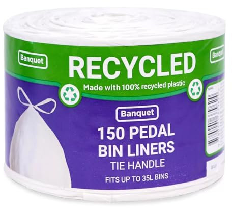 150 x Pedal Bin Liners Tie Handle White 100% Recycled Plastic Strong & Reliable for Kitchen Everyday & Commercial Use - Capacity - 35 Litre