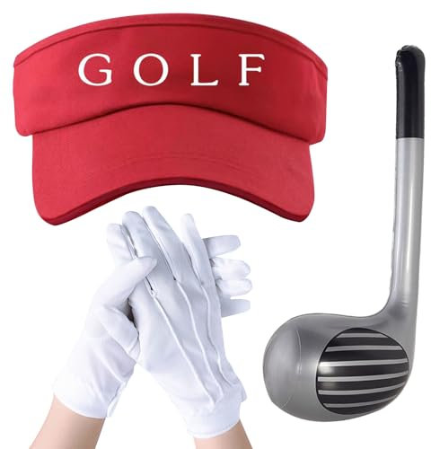 UILYNIU 3 Stück Golf Fasching Kostüm Zubehör, 76 cm Aufblasbare Golfschläger Rot Visor Hüte Weiße Handschuhe, Karneval Verkleidung Kostüm für Herren Damen Golf Motto Party Kneipen Kleidung (3PCS)