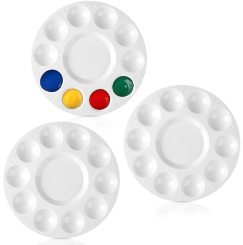 YCLFHOO 3 Pcs Round Plastic Paint Palette With 10 Wells and 1 Central Reservoir, Mixing Palette for Oil, Acrylic, DIY Craft and Professional Art Painting