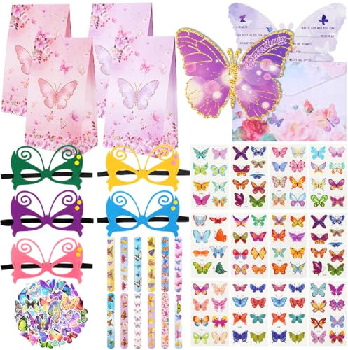 Schmetterling Party Mitgebsel Kindergeburtstag, Schmetterling Geburtstagsdeko Party Zubehör, 12 Geschenktüten+12 Mask+12 Klatscharmbänder+12 Tattoo+12 Einladungskarte+50 Aufkleber