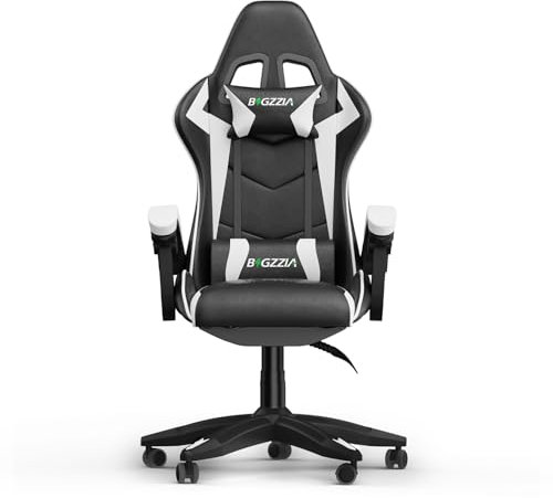 bigzzia Ergonomique Chaise Gaming, Fauteuil Gaming,Hauteur Réglable, avec Coussin Lombaire et Appui-Tête, Fauteuil Gamer Confortable pour Adultes, Filles et Garçons (sans LED Effets, Blanc)