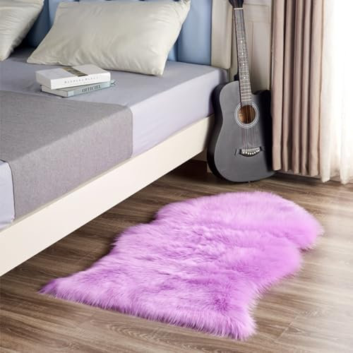 champracer Faux Lammfell Schaffell Teppich,Hochflor Fluffy Teppich Plüsch Wohnzimmer Dicker Teppich,Kunstfell Teppich, Weicher und Flauschiger Teppich Wohnzimmer,Teppich (Lila,90 * 60cm)