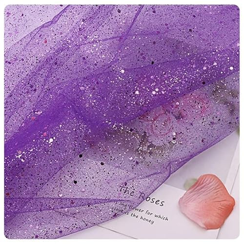 Hrlace Sparkly Stoff Fabrics Meterware Pailletten Stoffe Tüllstoff Netzstoff Glitzer Garn Dekostoff mit kleine Pailletten für DIY handgemachte Hochzeit Kleid Home Deko Lila 150cm * 1m