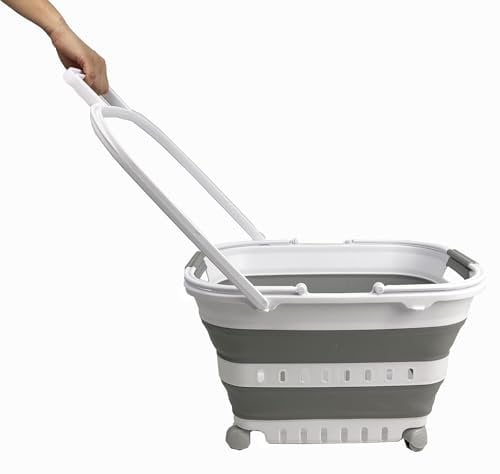 SAMMART 35 l zusammenklappbarer Wäschekorb aus Kunststoff mit Griff und Rollen – faltbarer Pop-Up-Aufbewahrungsbehälter/Organizer mit Griff und Rollen – platzsparend (1, Weiß/Grau)