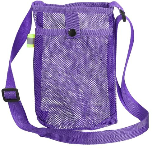 Sourcing Map Purple Water Bottle Holder with Adjustable Shoulder Strap, Double Pocket, Mesh Crossbody Carrier Bag, Fits 110mm Bottles, Ideal for Camping, Walking, Commuting, Climbing