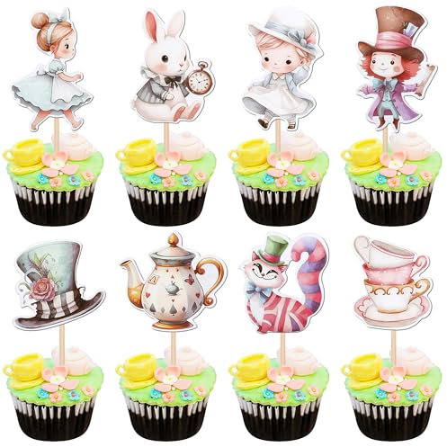 40 Pack Alice in Wonderland Cupcake Toppers Tea Bowl Clock Magic Cat Bunny Eat Me Cupcake Picks Tea Party Cupcake Decoration for Baby Shower Boys Girls Birthday Party Cake Decorations Supplies