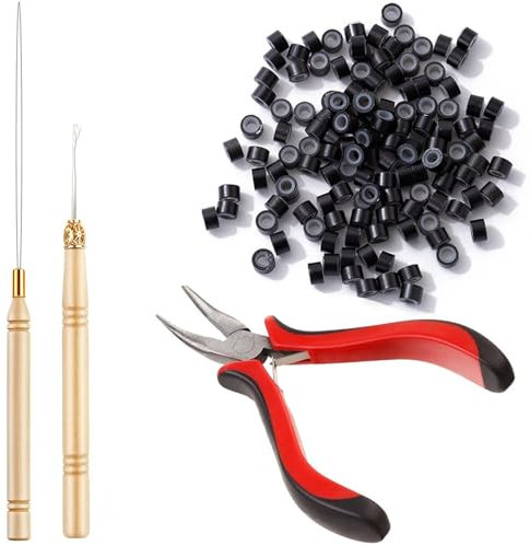 Hair Extension Pliers, Hair Extensions Tools Kit with 200PCS 5.0mm Silicone Hair Extension Rings Beads Links, Loop Threader, Hair Extension Beads, Micro Beads Hair Extensions, Black