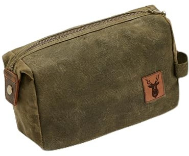 Jäger Kulturtasche für Herren: Hirsch - Reise-Kulturbeutel - Gewachste Baumwolle - Wasserabweisende Tasche für Rasierutensilien - Geschenk für Jäger Natur Outdoor Kletter Wander Zubehör (Olive Green)
