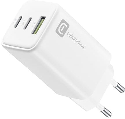 cellularline - Multipower Trio Port 65 W - Chargeur Secteur - pour Tablette, Smartphone et Ordinateur Portable - Sortie : 65 W - 3 Ports : USB + USB-C + USB-C - Blanc