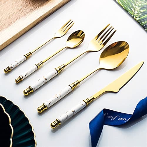 UQACHG Flatware Sets 20PCS Gold Stainless Steel Cutlery Set Tableware Set Emerald Marble Ceramic Handle Knife Fork Spoon Dinner Set Dessert Flatware Stainless Steel,Marble,white,green,gold