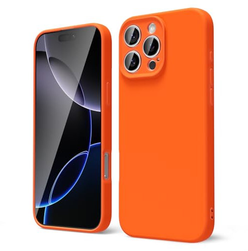 oakxco for iPhone 16 Pro Max Case Liquid Silicone, Soft Rubber Gel Elegant Aesthetic Basic Simple Cover, Cute Thin Slim TPU Matte Solid Color Plain Smooth Case for Women Men Boy, Neon Orange