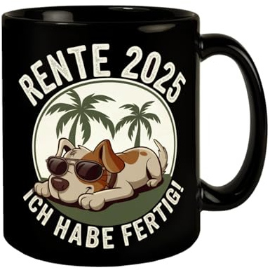 Hund mit Sonnenbrille - Rente 2025 Tasse schwarzer Kaffeebecher humorvoller Cartoon Hund fertig für tropische Rente 2025 Renteneintritt Ruhestand