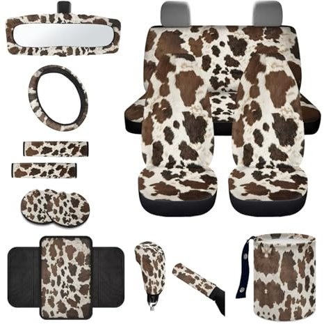 Wanyint Autositzbezug-Set aus braunem Kuhfell mit Lenkradbezug, Sicherheitsgurtschutz, Getränkehalter, Müllbeutel, Schaltknauf-Bezug-Set, Rückspiegelschutz, Auto-Armlehne, Box-Matte