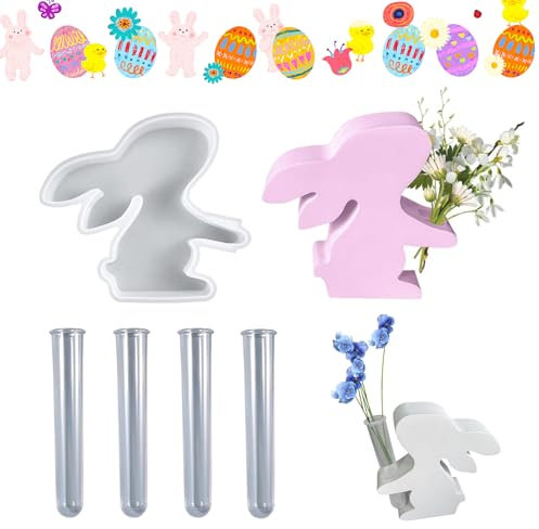 YFCJYBF Silikonform für Hydrokultur-Vase,Silikonform Hase mit 4 Reagenzgläsern,Osterhase Silikonform,Osterhase Silikonform Hydrokultur Vase Gießformen Silikon Hasenform Gießform Hase Für Heimdekoratio