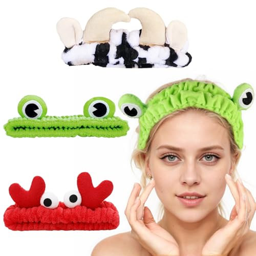 3 Stücke Kosmetik Haarband Elastizität Schmink Haarband Haarband Damen Kosmetik Frosch Krabbe Kuh Stirnband Kosmetik Geeignet für Frauen und Mädchen(Grün Rot Schwarz und Weiß)