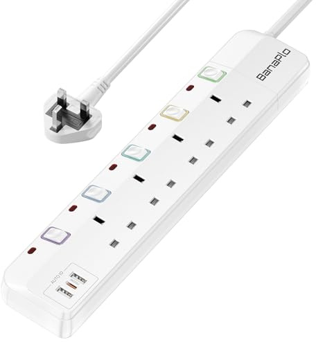 Banaplo Extension Lead with USB Slots, Plug Extension Socket with Individual Switches, 4 Way Extension Lead with with 1 PD20W USB C and 2 USB A, 1.5M Power Cord with 13A Fused Protection for Home