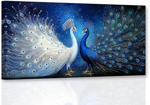 CXHOSTENT Pfau-Leinwandbild, blau-weiß Pfauenbilder Vogelgemälde Druck Tierkunstwerk Wohnzimmer- und Bürodekor Rahmen (30L x 60B cm)