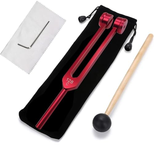BOBOZHONG Tuning Fork 128 Hz,Aluminium Alloy Tuning Fork with Silicone Hammer and Bag Hammer Sound Healing Therapy Tool Set for Meditation and Therapy Red