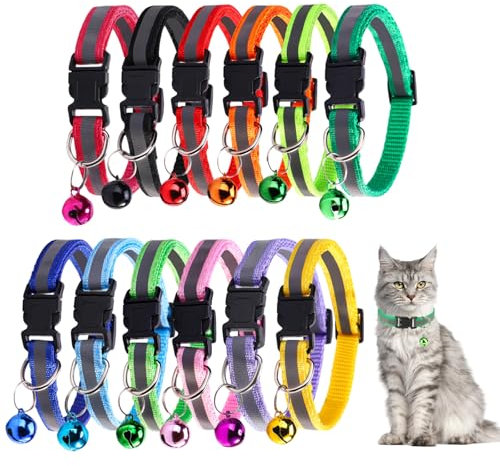 12 Stück Katzenhalsband Reflektierend, Halsband Katze Sicherheitsverschluss Verstellbare Länge 20cm-32cm, Weiches, Hautfreundliches Katzenhalsband mit Glöckchen für Alle Katzen und Welpen (12 Farben)