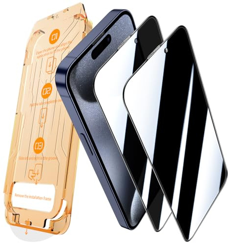 JEHOO 2 Pièces pour iPhone 15 Pro Max Verre Trempé Anti-Espion, Auto Dust Elimination,Une Touche Installation, Couverture Complète Vitre Protection d’Écran Privacy Film, Sans Bulles
