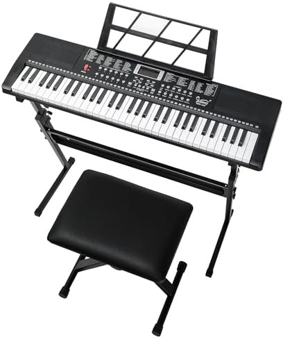 Bonnlo 61-Tasten Keyboard Piano Set mit Klavierständer & -hocker, 200 Klangfarben, 200 Rhythmen und 60 Demosongs, Digitalpiano tragbar, LED-Bildschirm mit 3 Lehrmodi – Ideal für Anfänger, Schwarz