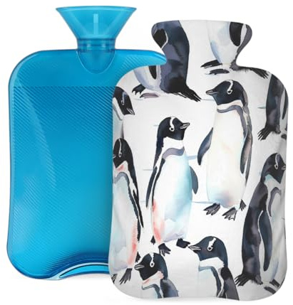 Wärmflasche mit Bezug, 2 l, Aquarell-Pinguin-Wärmflaschen für Erwachsene, Wärme-/Schmerzlinderung
