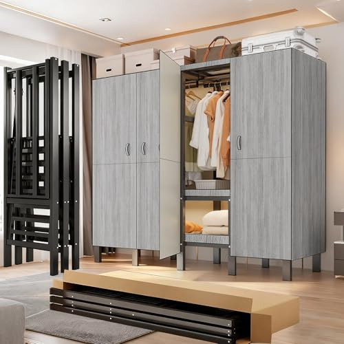 FPIGSHS Faltbarer Kleiderschrank Mit magnetischer Tür, 500 Kg, Robuster Stoffschrank, Freistehendes Garderobe-Organizer-System, Geschlossener Vorhang Drehtürenschrank Für Schlafzimmer (C, 125CM)