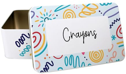 Purely Home Crayon Tin - Colourful Doodle Rectangular Metal Stationary Storage Tin Gifts for Kids