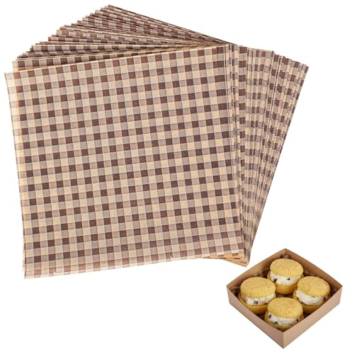 YBEATY 100 Pcs Wax Paper Sheets Food Picnic Basket Liners Disposable Greaseproof BBQ Deli Wrapping Sheets Paper Checkered Printing Parchment for Sandwich Burger Outdoor Restaurants (Brown)