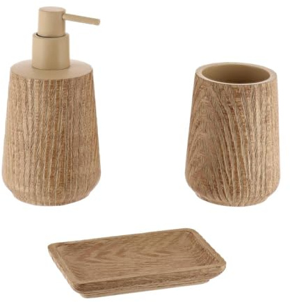 Tendance - Set Gobelet Distributeur à Savon et Porte Savon Polyrésine Effet Bois - Naturel - Salle de Bain - Accessoire Salle de Bain à Poser