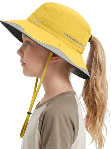 GADIEMKENSD Kinder-Ponytail-Bucket-Hut, Schwarz Beschichteter Schirm | UPF50+, Kühlendes Schweißband, Atmungsaktiv, Geeignet für den Außenbereich