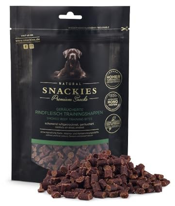 SNACKIES Geräucherte Rindfleisch-Trainingshappen 170g Premium Snacks für Hunde, ohne Zusatz von Getreide, Zucker, Farb-, Aroma- und Konservierungsstoffe, schonend luftgetrocknete Leckerli