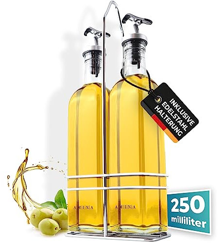 Cucino Juego de vinagrera y aceitera - (Toscana) 2 botellas de aceite de 250 ml con soporte | a prueba de fugas y sin goteo | con tapón antisuciedad