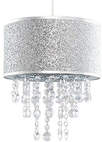 Modern Silver Glitter Cylinder Ceiling Pendant Light Shade with Clear Acrylic Jewel Droplets
