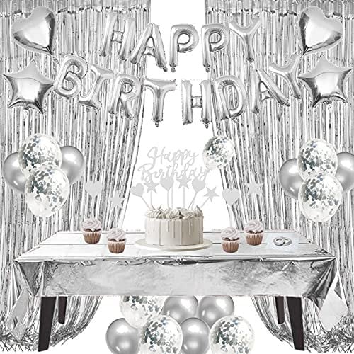 ZERODECO Geburtstagsdeko Silber Set, Happy Birthday Buchstaben Ballons Tischdecke Cake Topper Folienvorhänge Mylarfolie Stern und Herzform Ballons Konfetti Luftballons für Geburtstags Party Deko