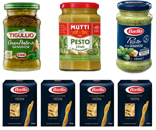 1x Star Tigullio GranPesto Pesto alla Genovese + 1x Barilla Pesto alla genovese 190g + 1x Mutti Pesto Verde Pomodori Verdi 190g + 5x Barilla Pasta trofie 500g