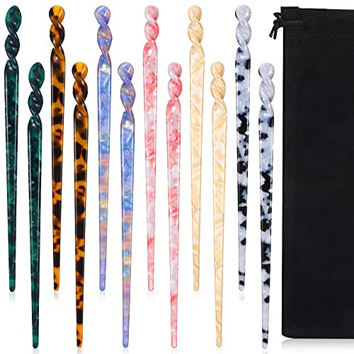 12 Pieces Acetate Hair Sticks Hair Chopsticks Tortoise Shell Hairpin Leopard Print Shell Hair Pins Vintage Chinese Hair Chopstick Hair Styling Accessories for Women, 6 Style(Fresh Pattern)