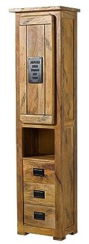 MASSIVMOEBEL24.DE | Railway - massiver Hochschrank Natur, lackiert | aus Mangoholz | 50x35x195 | 4 Fächer + 3 Schubladen - mit Tür | Aufbewahrungsschrank Flurschrank