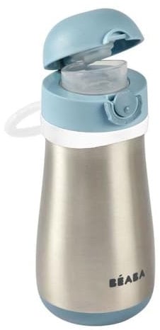 Béaba, Gourde Inox Enfant 2 en 1, Fonction Gourde/Verre, Bouton Push por faciliter l'ouverture, Solide, Sain, Poignées amovibles, Inox Maintien du Froid/Chaud, Bleu Venteux, 350 ml