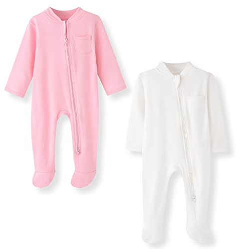 BINIDUCKLING Baby-Jungen Mädchen Schlafanzug Schlafstrampler für Neugborene 0-12 Monate, 2-Wege-Reißverschluss, Baumwolle, mit Füßen, 2er-Pack
