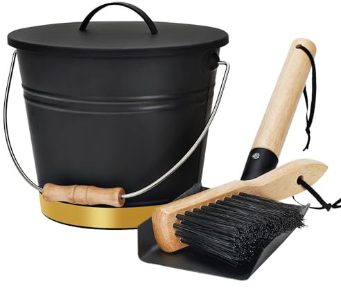 Mini-Ascheeimer mit Deckel, Schaufel und Handbesen, verzinkter Stahl, Metallkohlebehälter, Kohleneimer mit Griff, Werkzeugset Zubehör für Kamin drinnen und draußen, Feuerstelle, Holzbrennerofen Golden