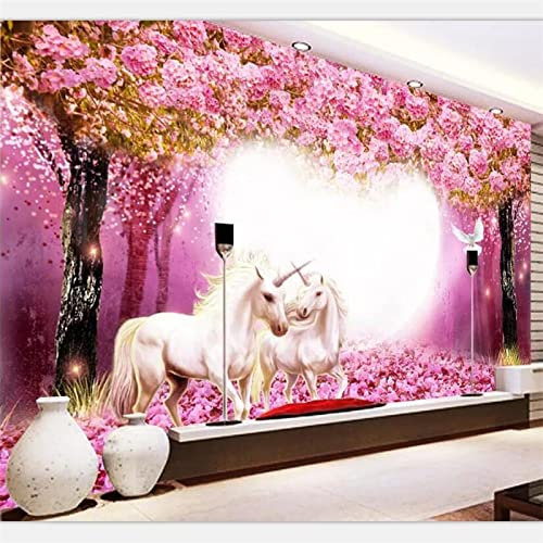 XTSWallpaper 3D Wandbilder Tapete 330X210Cm Rosa Blume Einhorn 3D Wandbild Wohnzimmer Tv Hintergrund Wanddekor Tapet Wanddekoration Fototapete 3D Effekt Vlies Wandbild Schlafzimmer