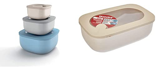 Guzzini Store&More Kitchen Active Design Set 3 Contenitori Ermetici Bassi & Kitchen Active Design Contenitore Ermetico Rettangolare per Frigo/Freezer/Forno a Microonde
