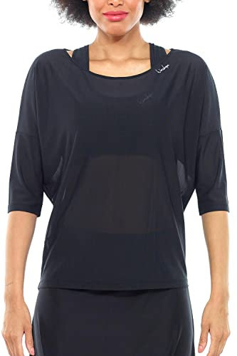 WINSHAPE Damen Functional Light 3/4-arm Mesh-dance Top Dt107 Leicht Transparent T-Shirt, Schwarz, M EU