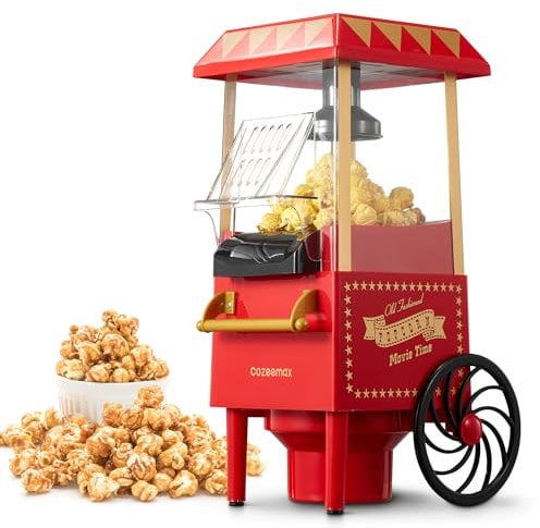 Cozeemax Popcorn Maker 1200W Hot Air Popper Machine, Healthy & Fat-Free, Easy to Clean Best Popcorn Popcorn for Movie Nights and Parties of All Kinds, Kids Birthday Party Favorites, Red