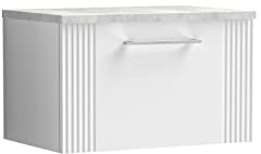 nuie DPF194LBG Deco Modern Bathroom Wall Hung 1 Drawer Part Fluted Vanity Basin Unit with Laminate Bellato Grey Worktop, 600mm, Satin White