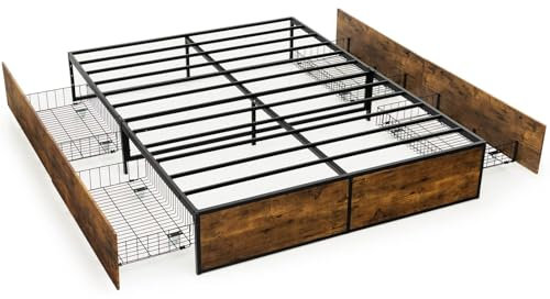 RELAX4LIFE 4FT/4FT6 Double Bed Frame with 4 Underbed Drawers, Metal Storage Platform Bed Base, Slatted Support Industrial Bed Mattress Foundation, No Box Spring Needed (190 x 120 x 33cm)